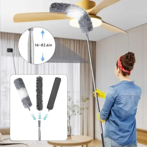 VNJOBAS Ceiling Fan Cleaner Duster,Extendable High Duster with 2m Retractable Pole and Washable Microfiber Heads, Ideal for Home and Commercial Cleaning in Hard-to-Reach Areas (6) - 4