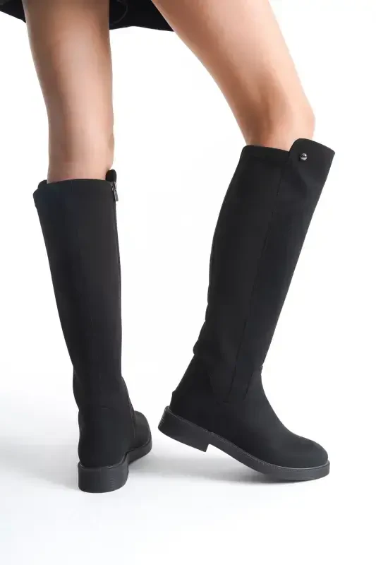 водолазная ткань ботфорты до колен-замша черный - 4