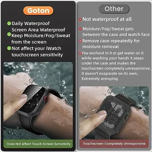 Водонепроницаемый чехол для конфиденциальности Goton для Apple Watch Series 9 8 7 6 5 4 SE Ultra 40 мм 44 мм 41 мм 45 мм 49 мм, Прочный бампер из поликарбоната Защитная пленка из закаленного стекла для аксессуаров для iWatch, 44 мм ЧерныйЧерный - 2