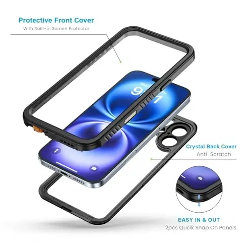 Водонепроницаемый чехол Lanhiem для iPhone 16, пылезащитный чехол со встроенной защитой экрана, защитой камеры, полноразмерный прочный чехол для телефона для 16-6,1 дюйма (черный/прозрачный) - 3