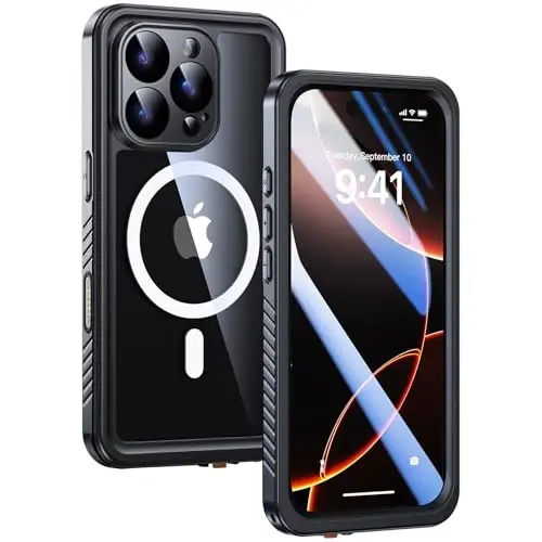 Водонепроницаемый чехол Lanhiem Magnetic для iPhone 16 Pro Max, пылезащитный ударопрочный чехол со встроенной защитой экрана и камеры [совместим с MagSafe], полнокорпусный сверхпрочный чехол для телефона 6,9 дюйма (черный/прозрачный) 