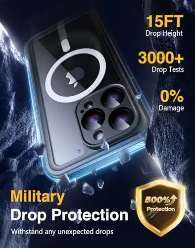 Водонепроницаемый чехол Lanhiem Magnetic для iPhone 16 Pro Max, пылезащитный ударопрочный чехол со встроенной защитой экрана и камеры [совместим с MagSafe], полнокорпусный сверхпрочный чехол для телефона 6,9 дюйма (черный/прозрачный) - 5