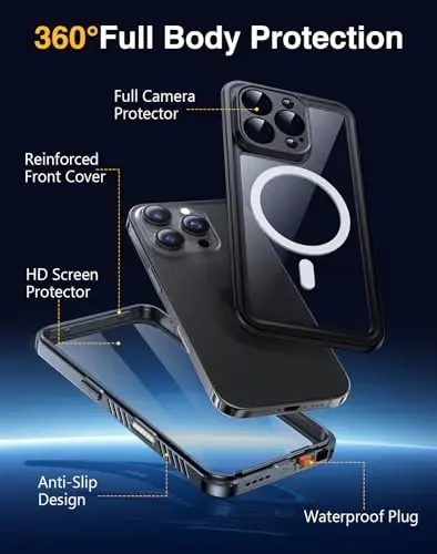 Водонепроницаемый чехол Lanhiem Magnetic для iPhone 16 Pro, пыленепроницаемый и ударопрочный, со встроенной защитой экрана и камеры [совместим с MagSafe], полноразмерный сверхпрочный чехол 6,3 дюйма (черный/прозрачный) - 3