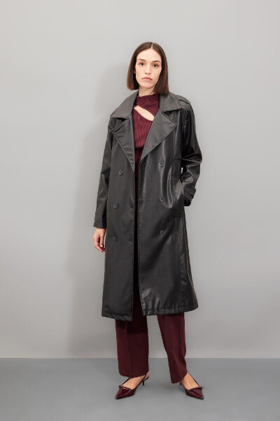 Водоотталкивающее искусственное кожаное пальто-тренч с воротником на запах, пуговицами, поясом и карманами A7960ax24au - 3