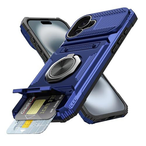 Vofolen Compatible with iPhone 16 Wallet Case with Card Holder [Store 2 Cards] + 360° Rotated Ring Stand Dual Layer Heavy Duty Shockproof Drop Protection Wallet Phone Case for iPhone 16, 6.1'' Blue - 1