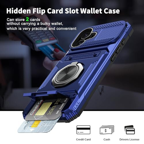 Vofolen Compatible with iPhone 16 Wallet Case with Card Holder [Store 2 Cards] + 360° Rotated Ring Stand Dual Layer Heavy Duty Shockproof Drop Protection Wallet Phone Case for iPhone 16, 6.1'' Blue - 3