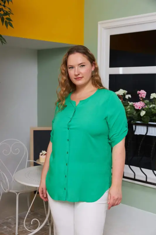Voile Viscose Plus Size Green Shirt with Sleeve Detail - 2