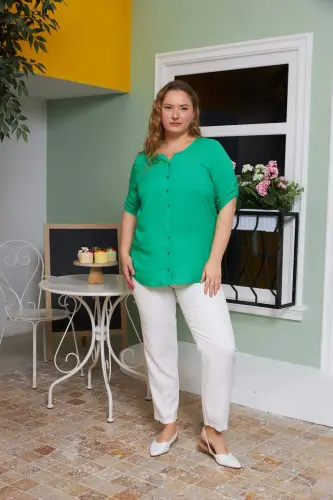 Voile Viscose Plus Size Green Shirt with Sleeve Detail - 5