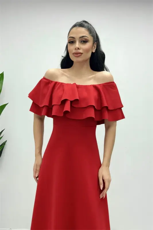 Volanlı Elbise - Kırmızı - 1