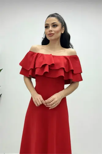 Volanlı Elbise - Kırmızı - 3