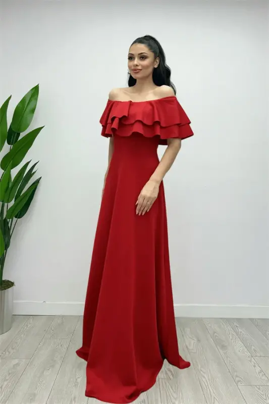 Volanlı Elbise - Kırmızı - 4