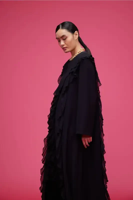 Volan Şeritli Abaya Siyah-Siyah - 2