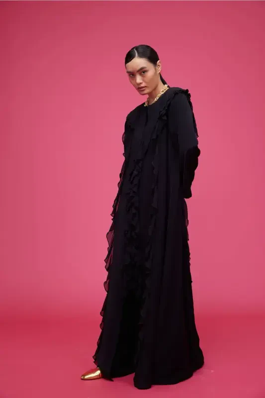 Volan Şeritli Abaya Siyah-Siyah - 4