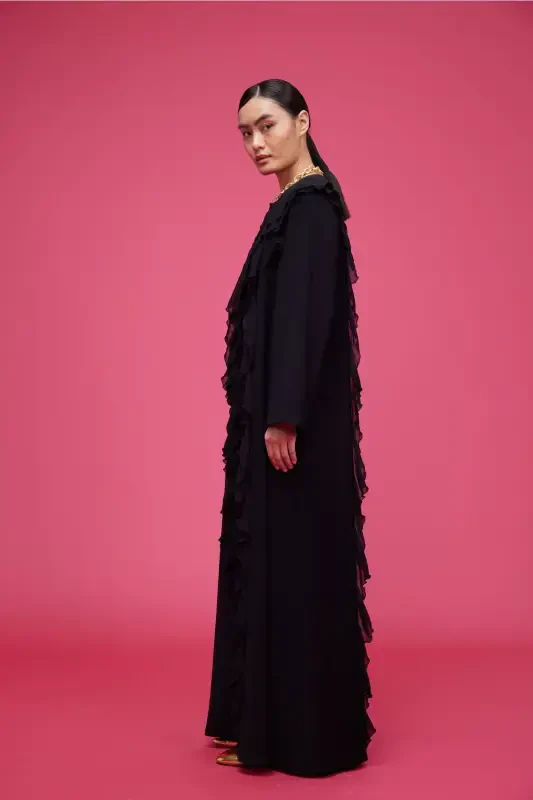 Volan Şeritli Abaya Siyah-Siyah - 5