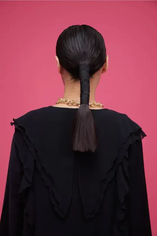 Volan Şeritli Abaya Siyah-Siyah - 6