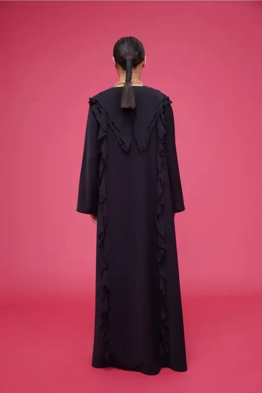 Volan Şeritli Abaya Siyah-Siyah - 7