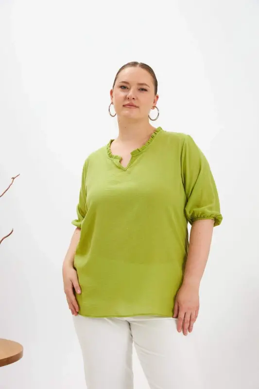 Volanli V Yaka Qisqa Qol Ayollar Bluz Oliv - 1