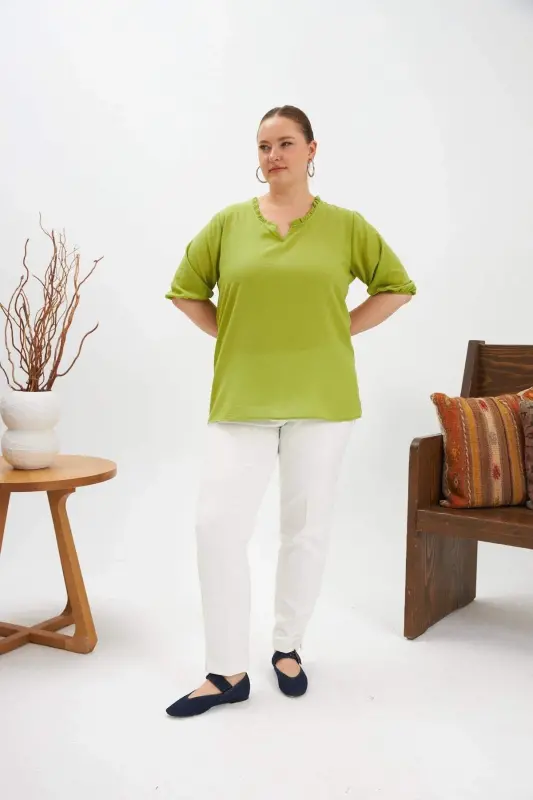 Volanli V Yaka Qisqa Qol Ayollar Bluz Oliv - 4