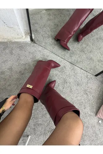 Volante Detailed Burgundy Heeled Women's Boots-Burgundy - 3