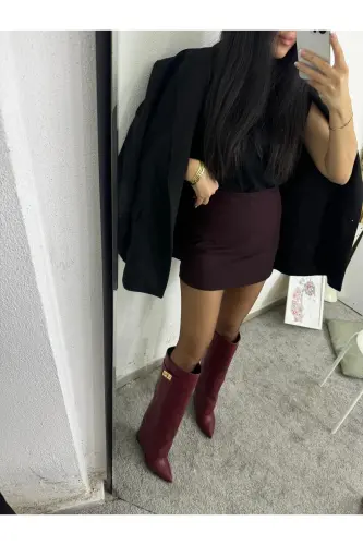 Volante Detailed Burgundy Heeled Women's Boots-Burgundy - 5