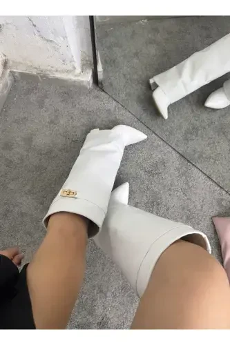 Volante Detailed White Women's Heeled Boots-White - 4