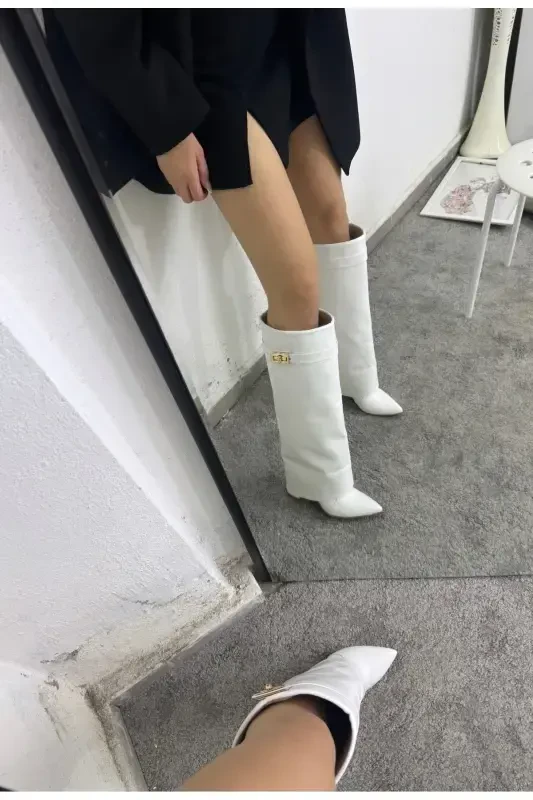 Volante Detailed White Women's Heeled Boots-White - 7