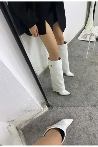 Volante Гетры Детализированные Белые Женские Сапоги на Каблуке - Белые - 7