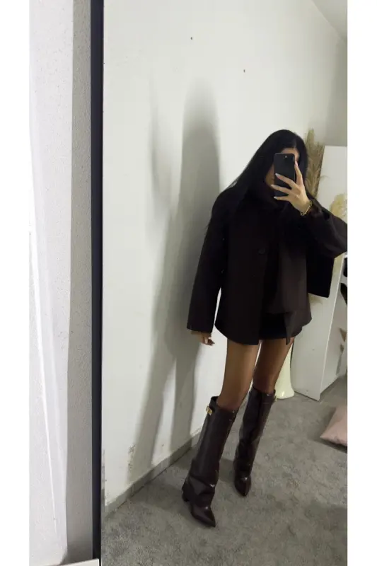 Volante Tozluk Detaylı Kahverengi Rugan Kadın Topuklu Çizme-Kahverengi Rugan - 8