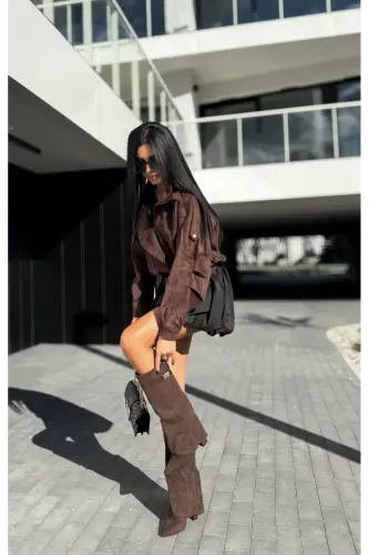 Volante Tozluk Detaylı Kahverengi Süet Kadın Topuklu Çizme-KahverengiSüet - 3