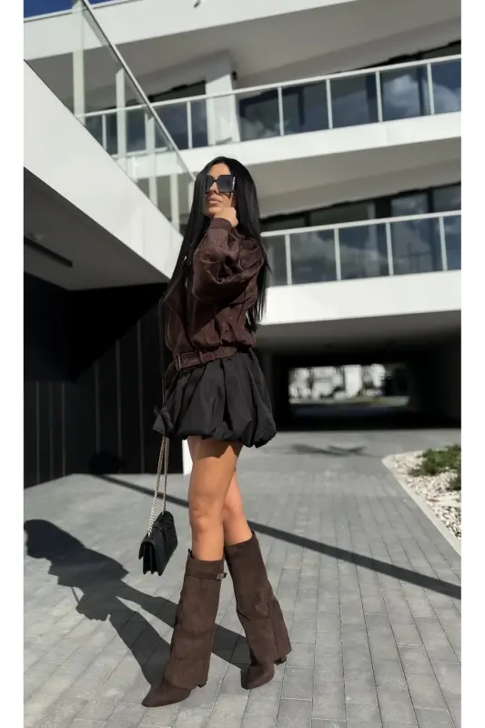 Volante Tozluk Detaylı Kahverengi Süet Kadın Topuklu Çizme-KahverengiSüet - 4