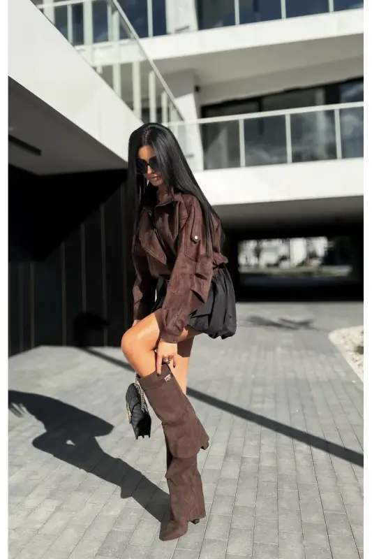 Volante Tozluk Detaylı Kahverengi Süet Kadın Topuklu Çizme-KahverengiSüet - 3