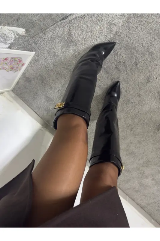 Volante Tozluk Detaylı Siyah Rugan Kadın Topuklu Çizme-Siyah RUGAN - 6