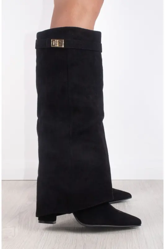Volante Tozluk Detaylı Siyah Süet Kadın Topuklu Çizme-SiyahSüet - MYVOLANTE