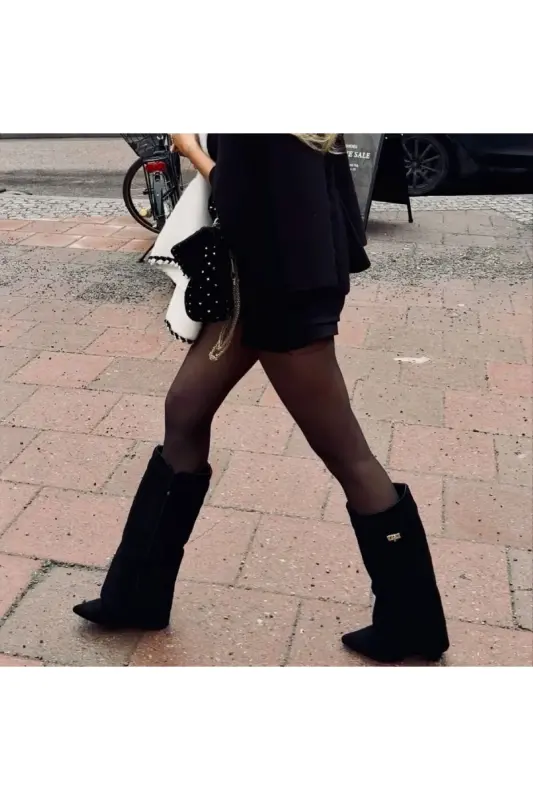 Volante Tozluk Detaylı Siyah Süet Kadın Topuklu Çizme-SiyahSüet - 6