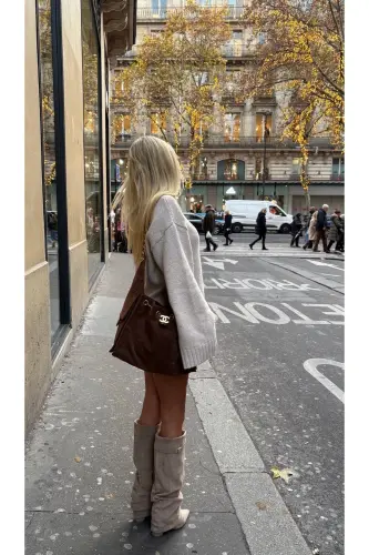 Volante Tozluk Detaylı Vizon Süet Kadın Topuklu Çizme-Vizon Süet - 6