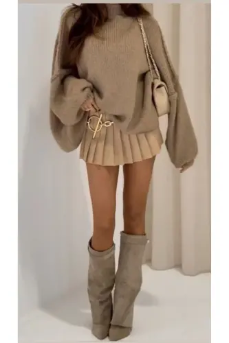 Volante Tozluk Detaylı Vizon Süet Kadın Topuklu Çizme-Vizon Süet - 3