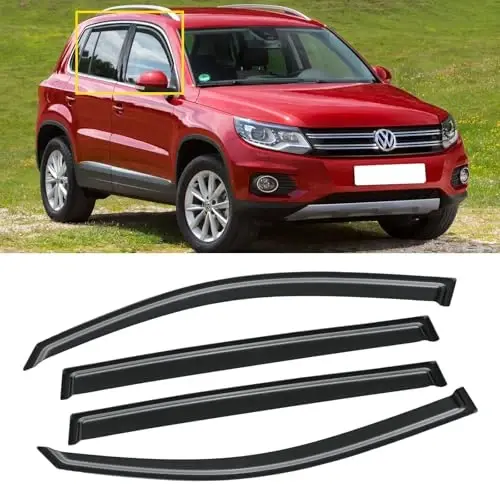 Window Visor for Volkswagen VW Tiguan 2009-2017, Out-Channel Rain Guards Shields Vent Deflector Shade Wind Dark Smoke for 09-17 Tiguan, Tape-On Outside-Mount, 4PCS 