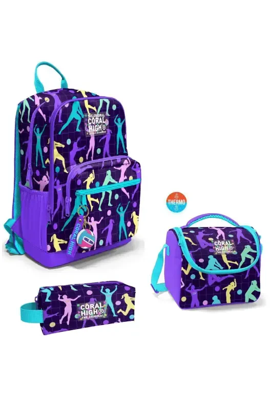 Volleyball Patterned 3-Piece SET School Backpack-dark purple - CORAL HIGH
