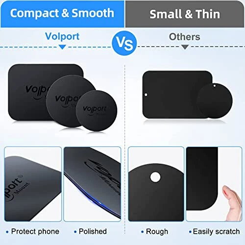 Volport Telefon Magniti uchun Metall Plastinka, 10 dona MagicPlate 3M Yopishqoq bilan almashtiriladigan Magnit Telefon Avtomobil O'rnatish Ustiviga va Cradle va Stand (Ventilyatsiya / CD / Shamol oynasi / Asboblar paneli) - To'rtburchak va Dumaloq - 4