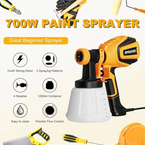 VONFORN Paint Sprayer, 700W HVLP Spray Gun with Cleaning & Blowing Joints, 4 Nozzles and 3 Patterns, Easy to Clean, for Furniture, Cabinets, Fence, Walls, Door, Garden Chairs etc. VF803 - 2