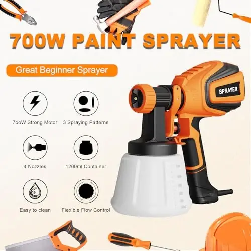 VONFORN Bo'yoq Purkagich, 700W HVLP Purkagich To'pponchasi Tozalash va Puflash Bo'g'inlari, 4 ta Nozul va 3 ta Naqsh, Tozalash Oson, Mebel, Shkaf, Devor, Eshik, Bog 'Stullari va boshqalar uchun. VF803 Apelsin - VONFORN (1)