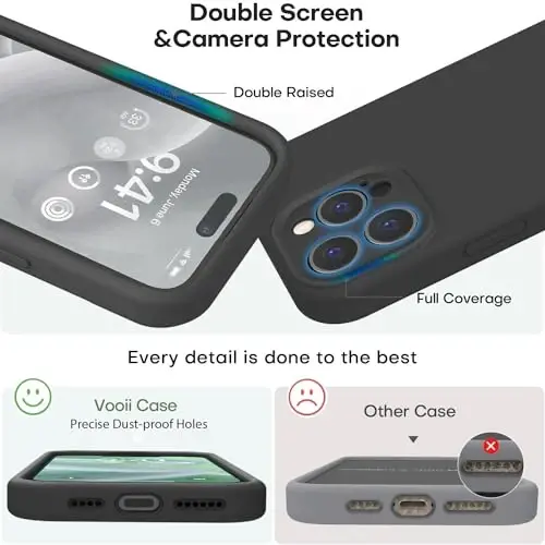 Vooii Чехол для iPhone 15 Pro Max, улучшенный премиальный силикон, [защита камеры] [мягкая подкладка из микрофибры против царапин] Ударопрочный чехол для телефона для iPhone 15 Pro Max, 6,7 дюйма — черный - 3