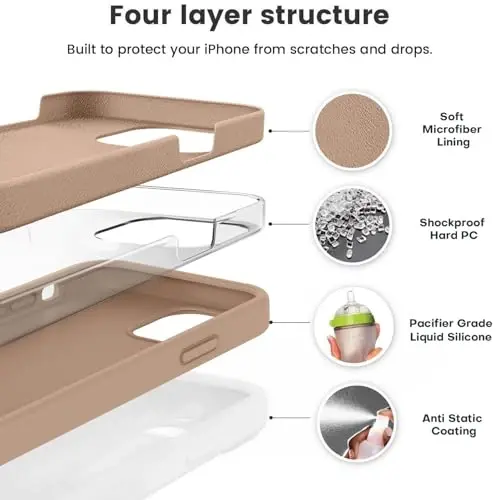 Vooii Compatible with iPhone 12 Case/iPhone 12 Pro Case, Liquid Silicone Upgrade [Soft Anti-Scratch Microfiber Lining] [Shockproof Drop Protection] Phone Case 6.1 inch - Light Brown - 2