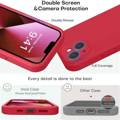 Vooii Compatible with iPhone 13 Case, Liquid Silicone Upgrade [Camera Protection] [Soft Anti-Scratch Microfiber Lining] Shockproof Phone Case for iPhone 13 6.1 inch - Red - 3