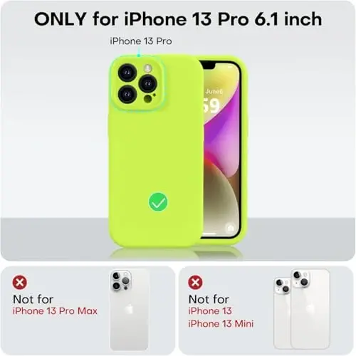 Vooii Compatible with iPhone 13 Pro Case, Liquid Silicone Upgrade [Camera Protection] [Soft Anti-Scratch Microfiber Lining] Shockproof Phone Case for iPhone 13 Pro 6.1 inch - Fluorescent Green - 5
