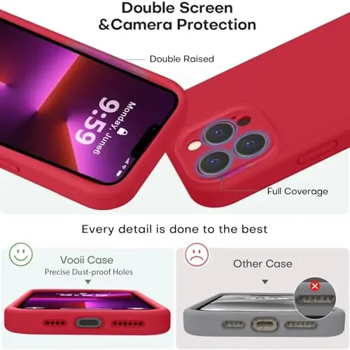 Vooii Compatible with iPhone 13 Pro Max Case, Liquid Silicone Upgrade [Camera Protection] [Soft Anti-Scratch Microfiber Lining] Shockproof Phone Case for iPhone 13 Pro Max 6.7 inch - Red - 3