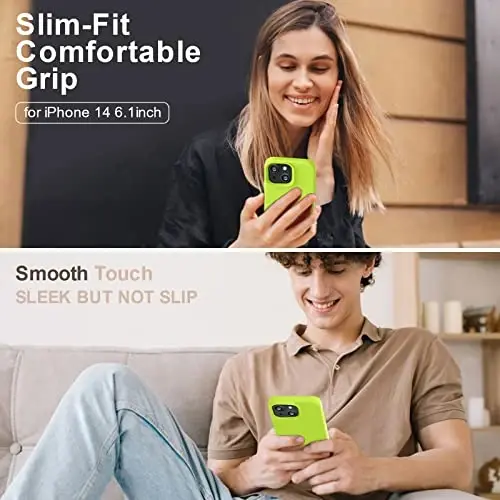 Vooii Compatible with iPhone 14 Case,[Silky Touch Premium Liquid Silicone] [Soft Anti-Scratch Microfiber Lining], Ultra Slim Shockproof Protective Case for iPhone 14 - Fluorescent Green - 2