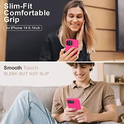 Vooii Compatible with iPhone 14 Case,[Silky Touch Premium Liquid Silicone] [Soft Anti-Scratch Microfiber Lining], Ultra Slim Shockproof Protective Case for iPhone 14 - Hot Pink - 2