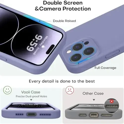 Vooii Compatible with iPhone 14 Pro Case, Liquid Silicone Upgrade [Camera Protection] [Soft Anti-Scratch Microfiber Lining] Shockproof Phone Case for iPhone 14 Pro 6.1 inch - Lavender Grey - 3