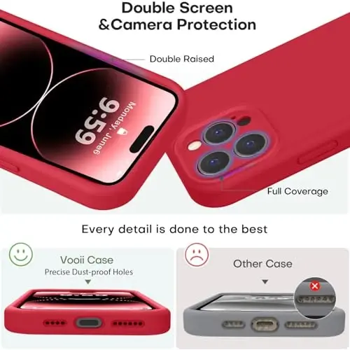 Vooii Compatible with iPhone 14 Pro Case, Liquid Silicone Upgrade [Camera Protection] [Soft Anti-Scratch Microfiber Lining] Shockproof Phone Case for iPhone 14 Pro 6.1 inch - Red - 3